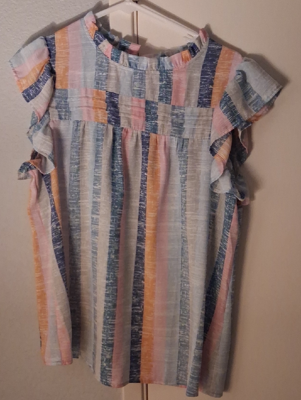 Lightweight Striped Ruffle Sleeve Top - Blue, Pink & Peach